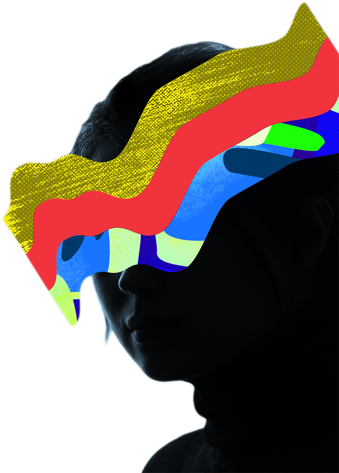 Photo d'une personne dans l'ombre avec trois rubans colorés recouvrant ses yeux